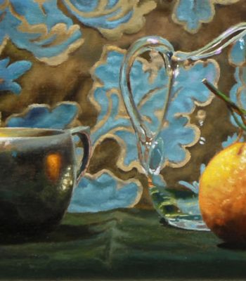 "Two Creamers and Orange", oil on panel, 7x12 inches, 2010, Sold