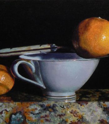 "Teacup, Fork, and Two Oranges on Granite", oil on linen, 8x10 inches, 2012, Sold