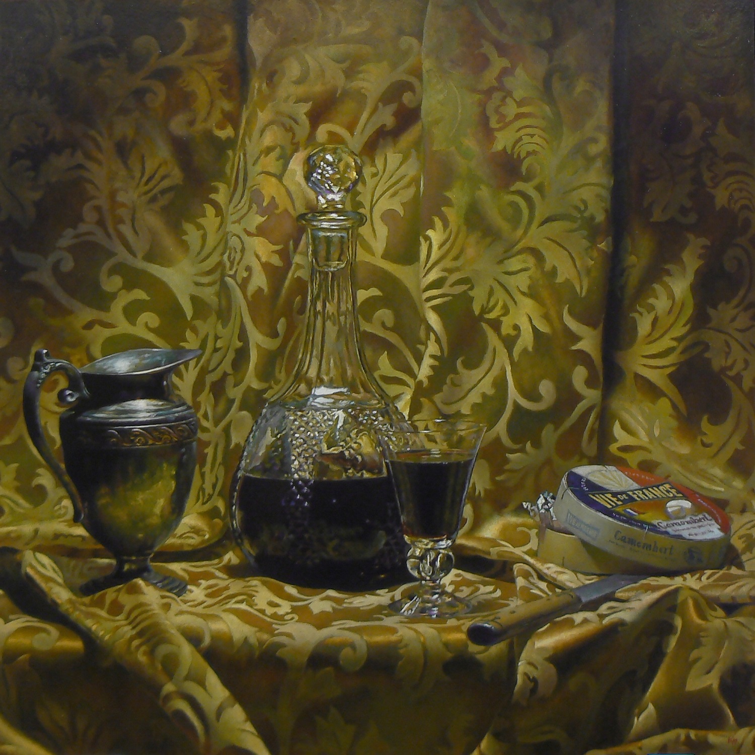"Silver, Wine, and Cheese", oil on panel, 24x24 inches