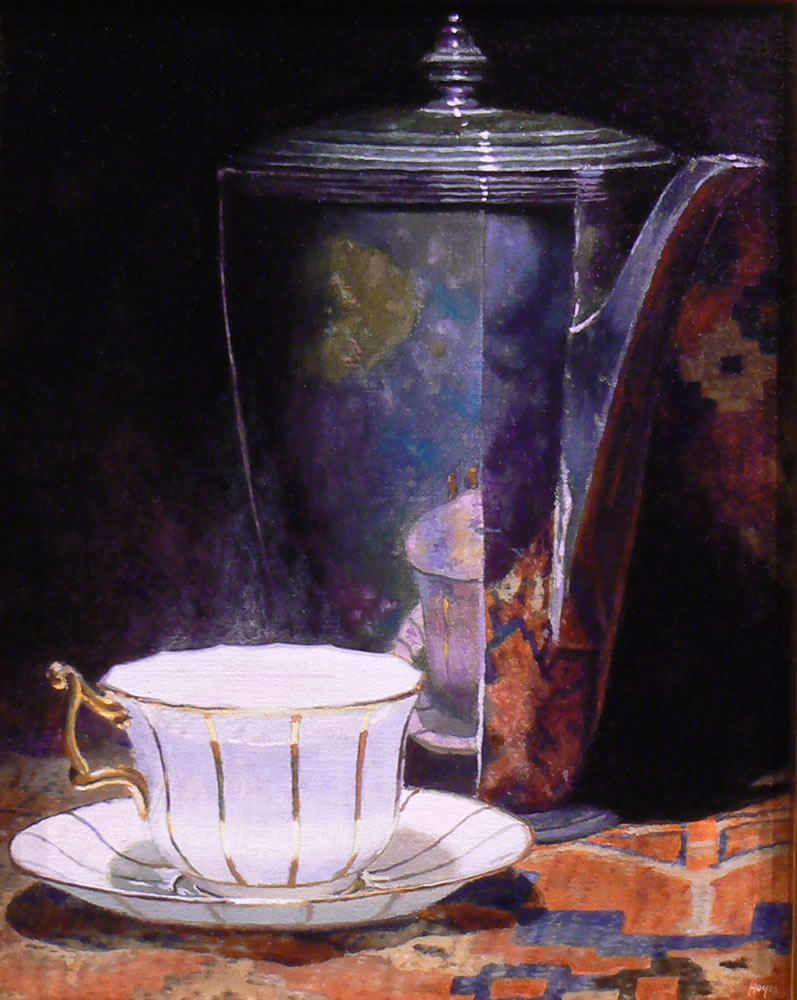 "Teacup and Teapot on an Oriental Rug" Oil on Linen, 10x8 inches, 2012 (sold)