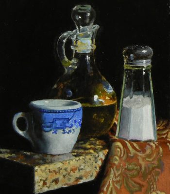 "Still Life with Teacup, Olive Oil, and Salt", oil on linen, 8x6 inches, 2013, Sold