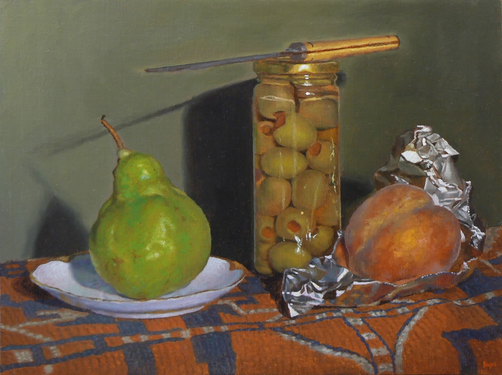 "Pear, Olives, Knife, and Peach"
oil on linen on panel, 9x12 inches"