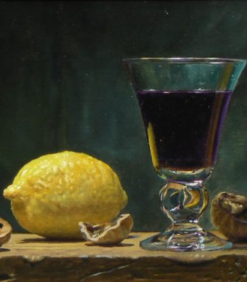 "Walnuts, Lemon, and Wine", oil on linen, 7x10 inches, 2011, Sold