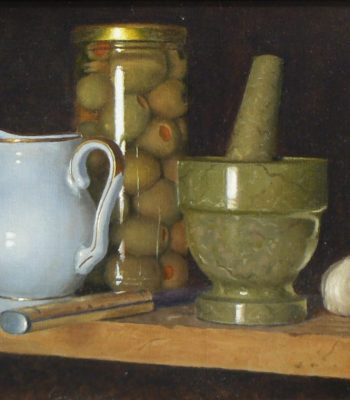"Kitchen Still Life with Olive Jar", oil on linen, 9x12 inches, 2015, Sold