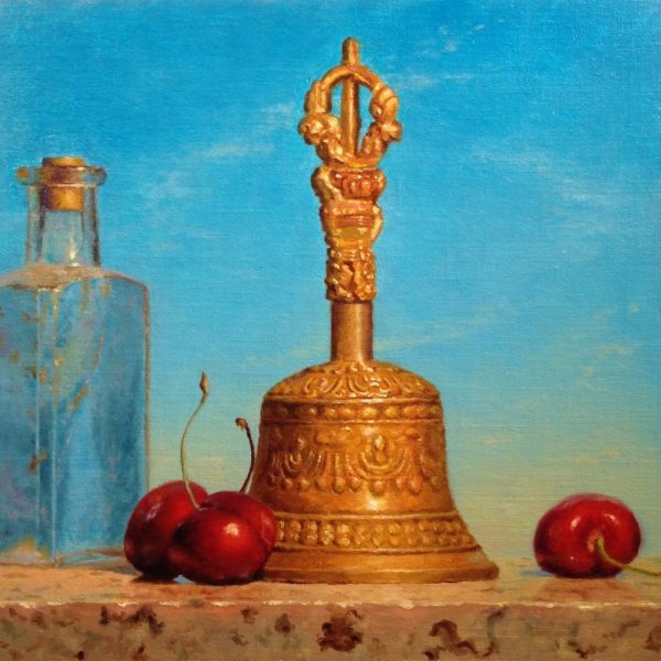 "Tibetan Bell, Bottle, Cherries, Sky", oil, 10x10, $1650
