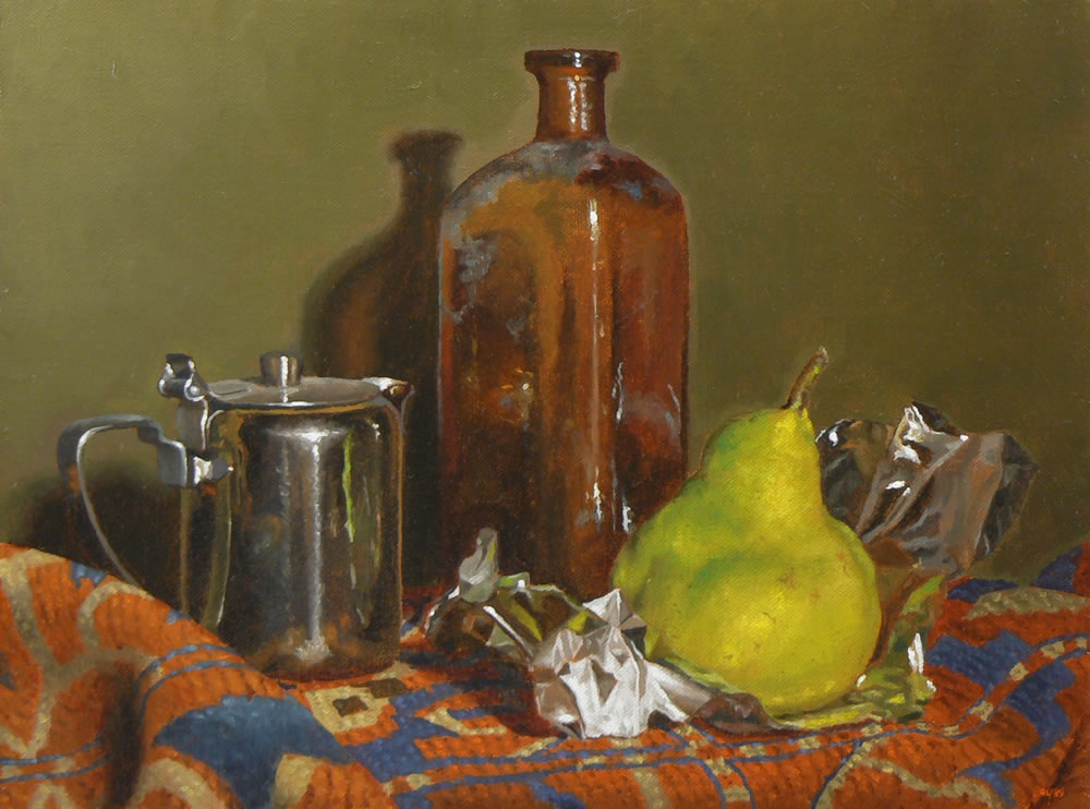 "Creamer, Bottle, and Pear"
oil on linen, 9x12 inches