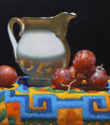 "Creamer, Grapes, Tibetan Rug", oil on panel, 5x5 inches, 2015, Sold