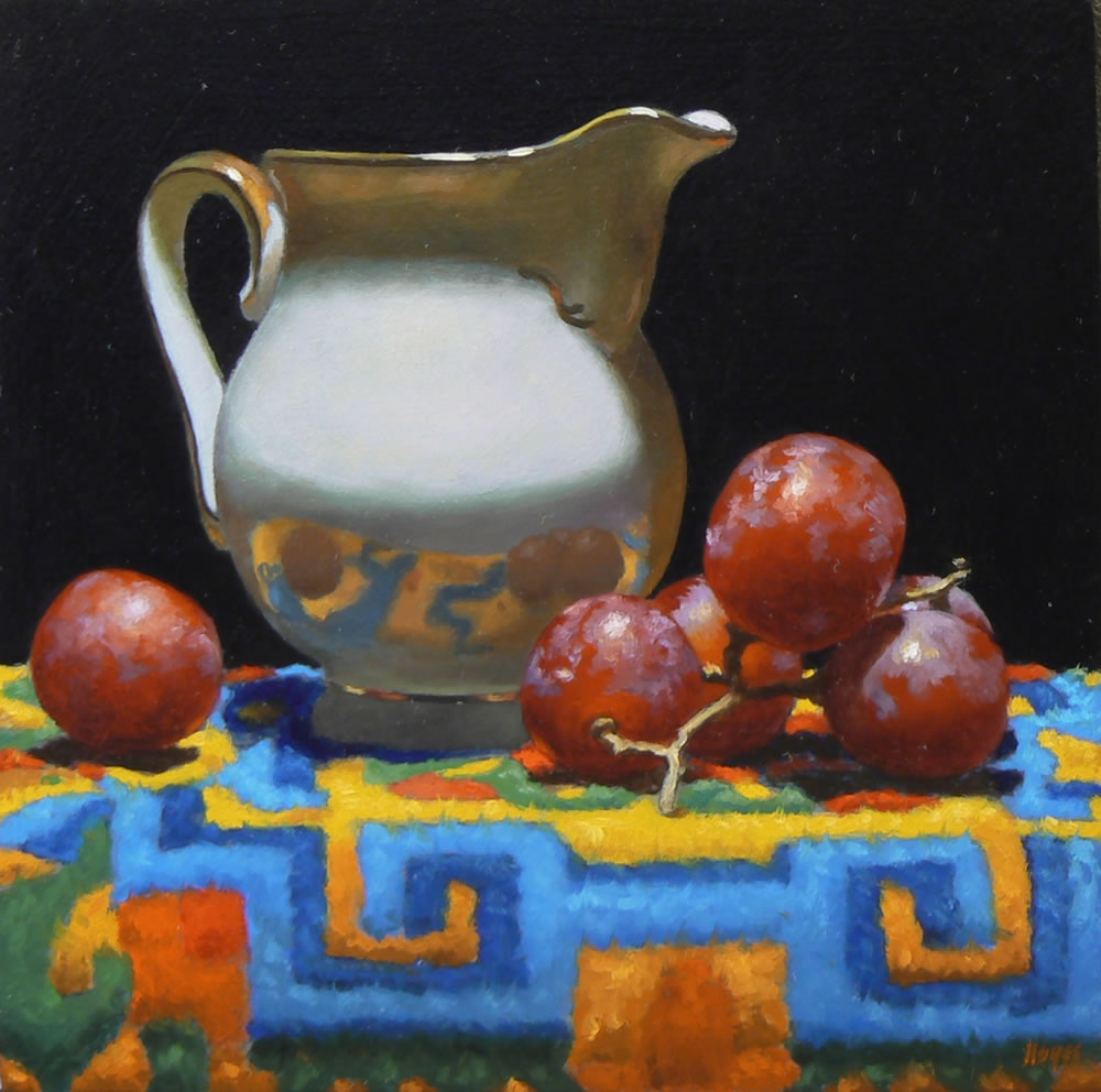 "Creamer, Grapes, Tibetan Rug", oil on panel, 5x5