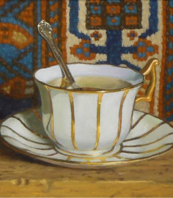 "Teacup with Oriental Rug XIV", oil on panel, 5x5 inches, 2015, Sold