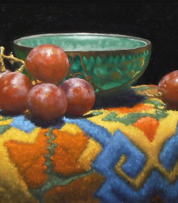 "Jade Bowl, Grapes, Tibetan Rug", oil on panel, 5x5 inches, 2015, Sold