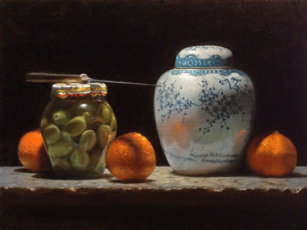 ""Oranges, Olives, Ginger Jar"
oil on linen, 9x12"