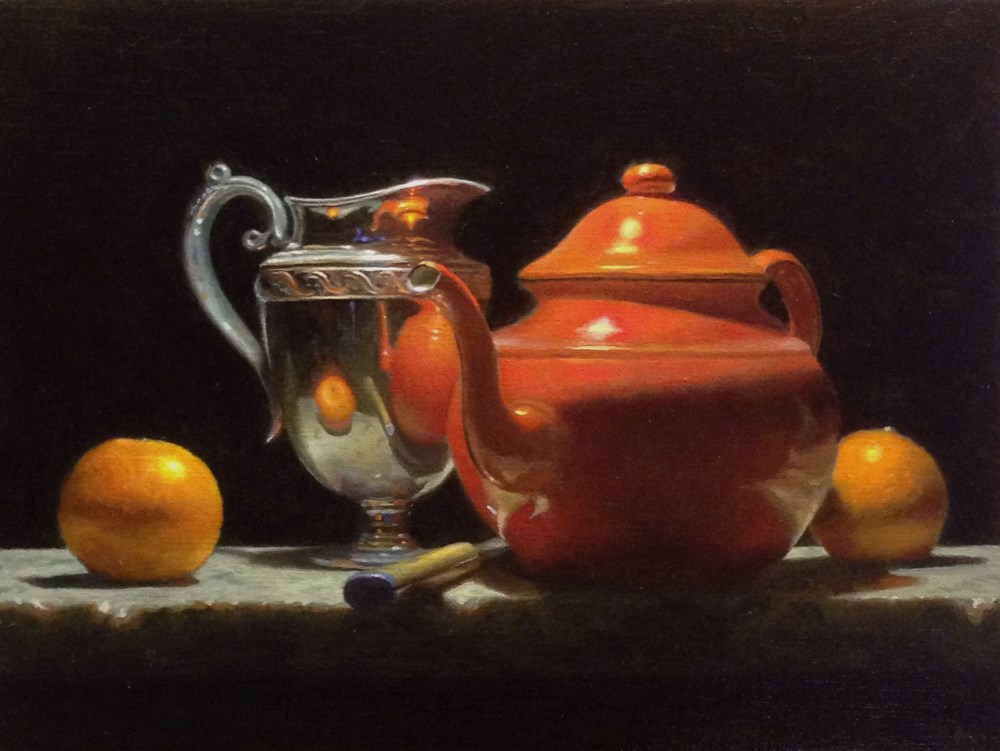 "Oranges, Silver, and Red Teapot", oil on linen, 9x12 inches