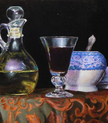 "Olive Oil, Wine, and Sugar Bowl", oil on linen, 8x10 inches, 2013