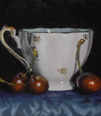 "Teacup with Cherries IV", oil on panel, 3x3 inches, 2013, Sold