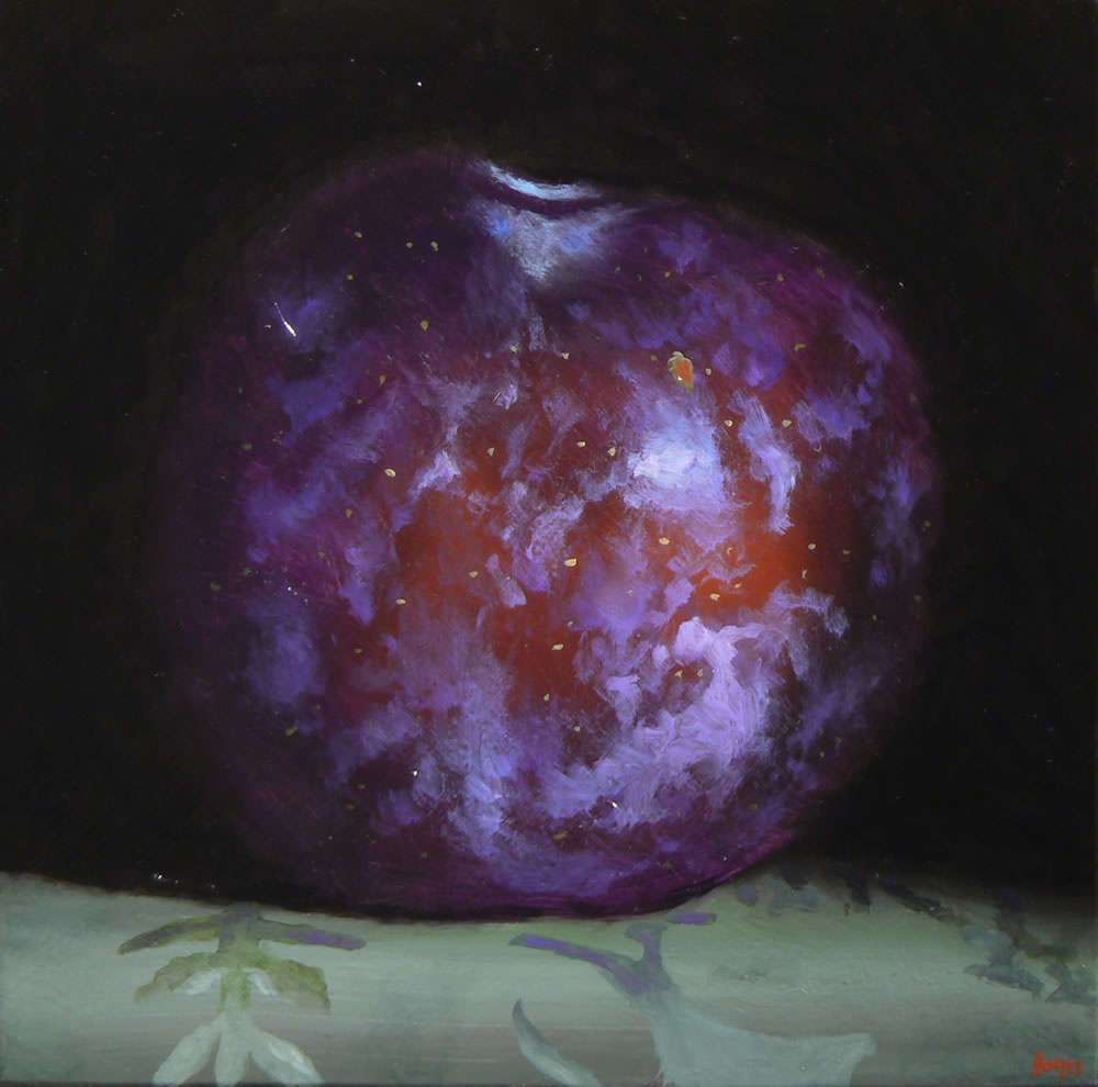 Jeffrey Hayes: Still Life, Oil Painting, Red Plum on Green Silk