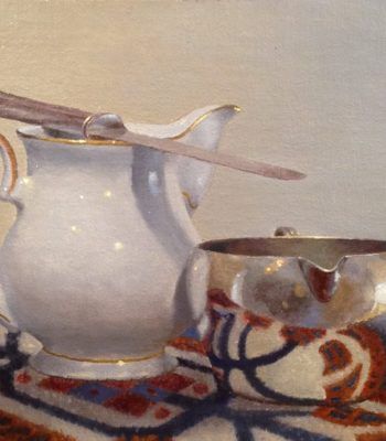 "Two Creamers, Knife, Rug", oil on linen, 8x10 inches, 2018, Available