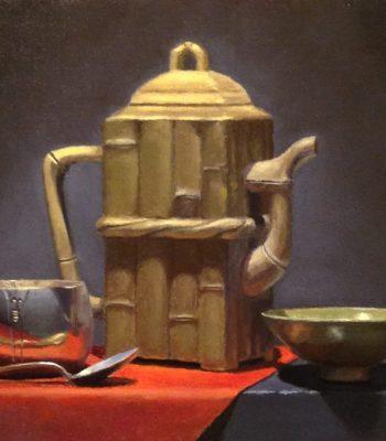 "Yixing Teapot, Silver, and Bowl", oil on linen, 8x10 inches, 2018, Available