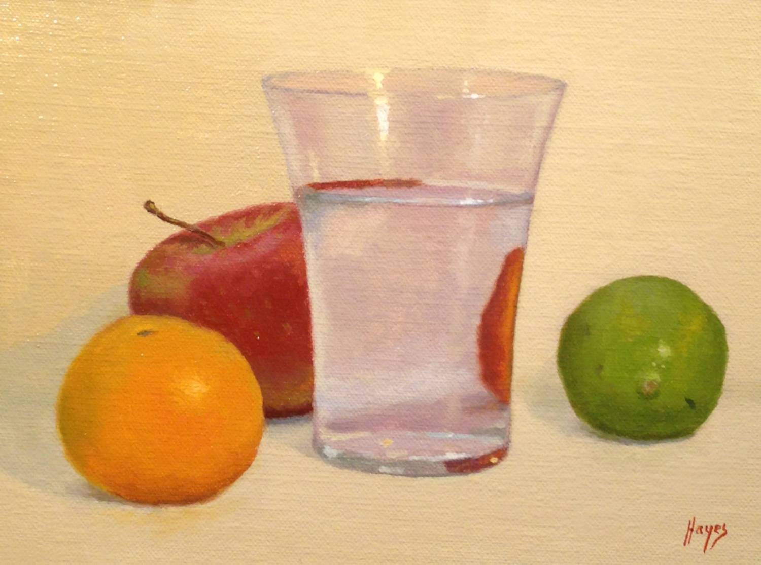 "Orange, Apple, Water Glass, Lime"