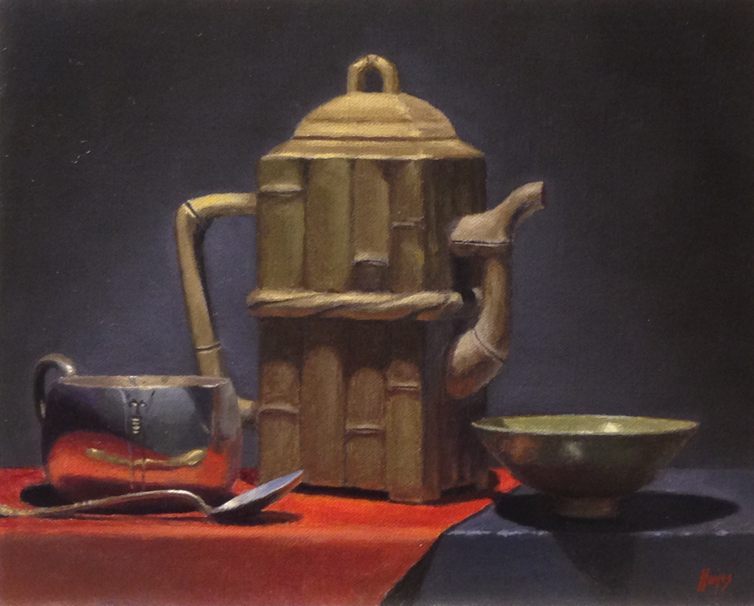 "Yixing Teapot, Silver, and Bowl"Oil on linen on panel, 8x10 inches, available