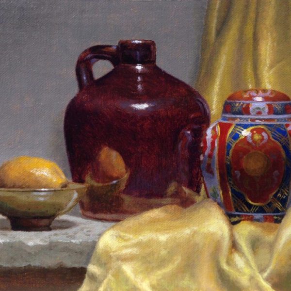 "Lemon, Stoneware, and Imari Ginger Jar", oil on linen, 6x8 inches, 2019