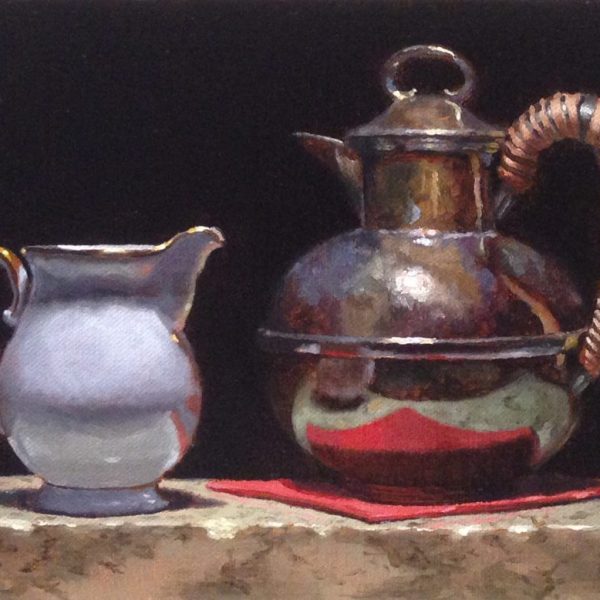 "Creamer, Silver Teapot, Red Napkin", oil on linen, 6x8 inches