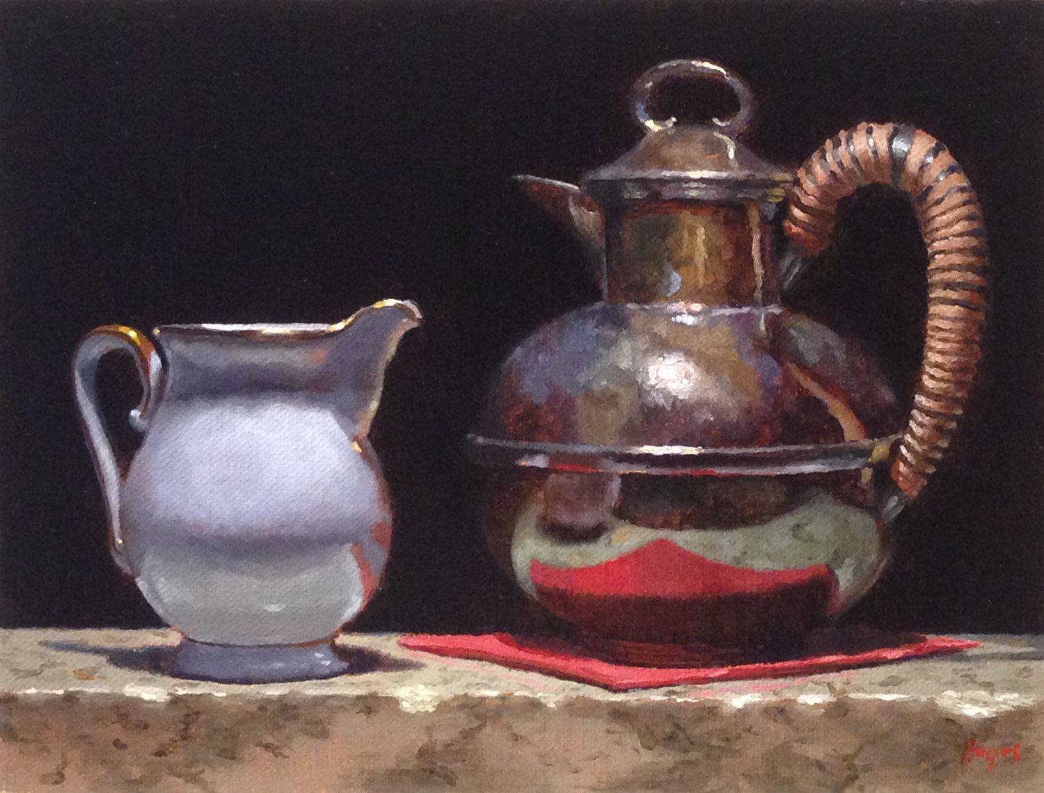Creamer, Silver Teapot, Red Napkin •