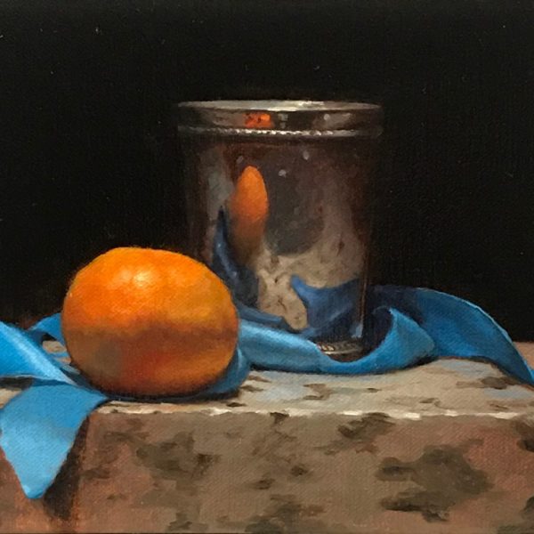 "Blue Ribbon, Orange, and Silver", oil on linen, 6x8 inches, 2019
