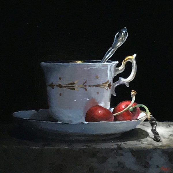 "Teacup and Cherries in Shadow"<br>oil on panel, 5x5 inches