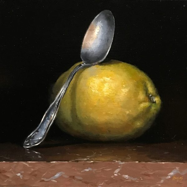"Lemon and Silver Spoon", oil on panel, 5x5 inches, 2019