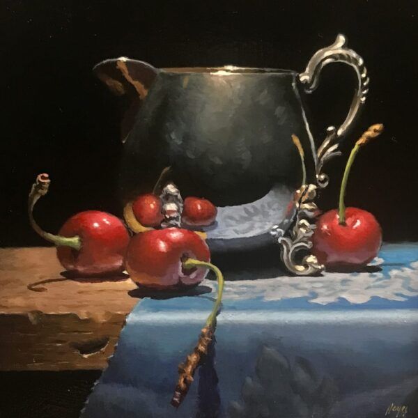 "Cherries and Silver"<br>oil on panel, 5x5 inches