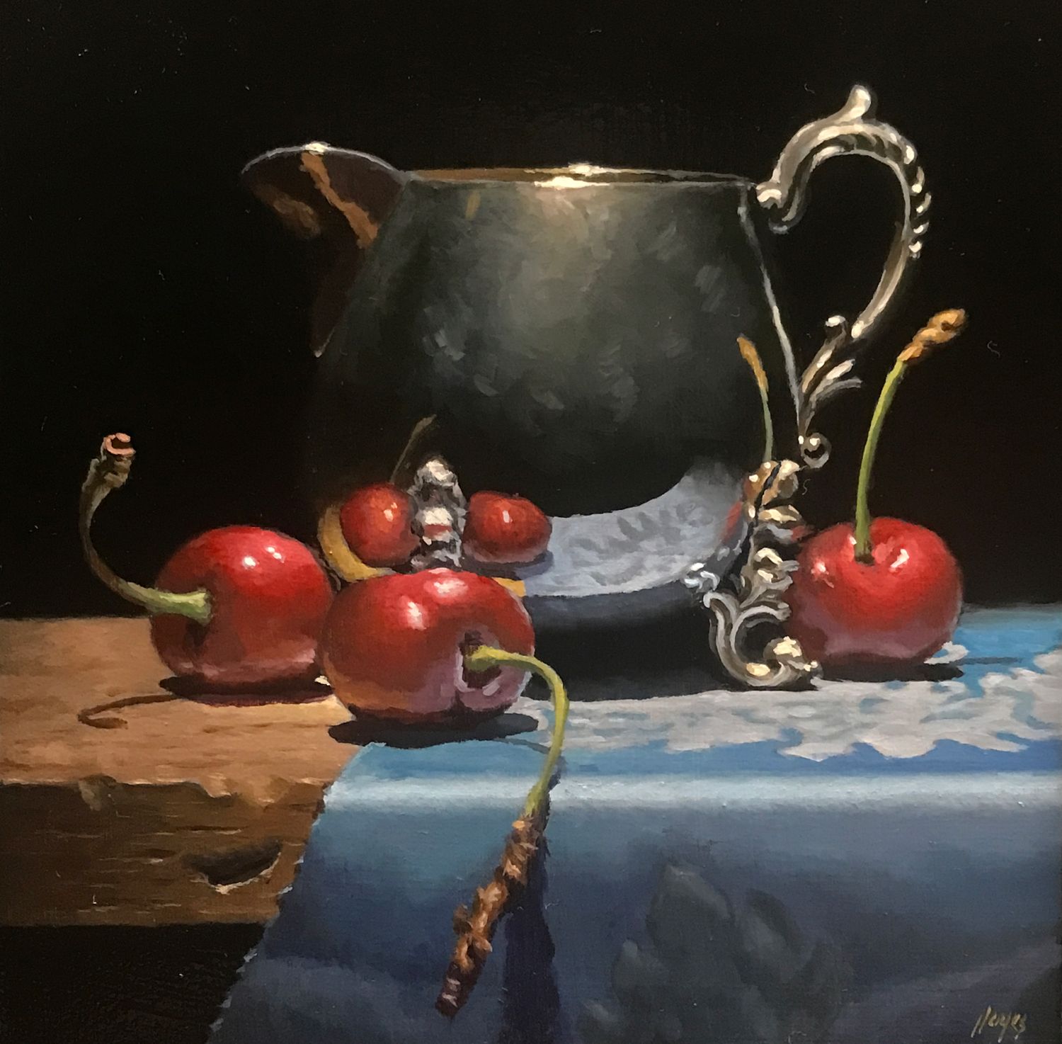 "Cherries and Silver", oil on panel, 5x5 inches