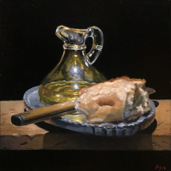 "Olive Oil, Knife, Bread", oil on panel, 5x5 inches, 2019