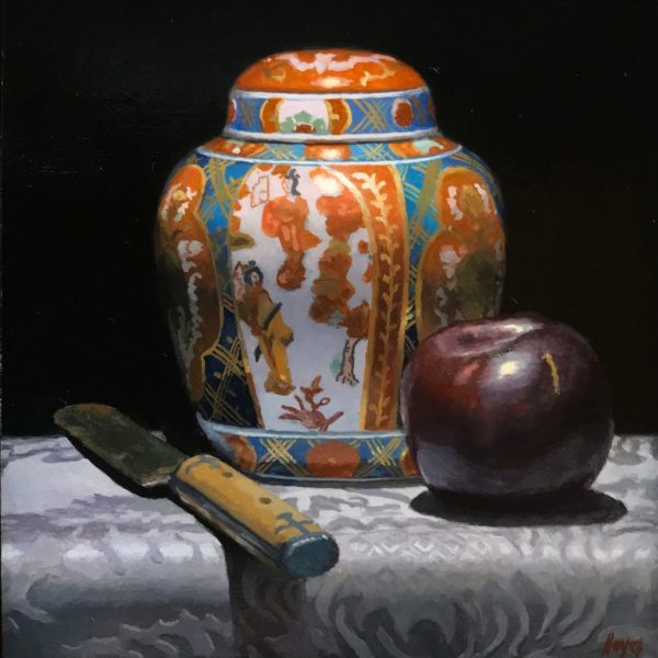 "Knife, Ginger Jar, Plum", oil on panel, 5x5 inches, 2019