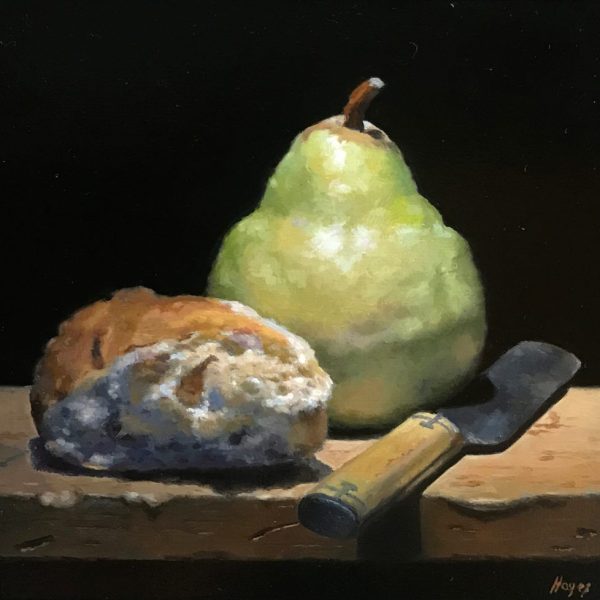 "Bread, Pear, Knife", oil on panel, 5x5 inches, 2019