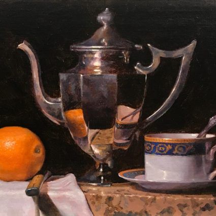 "Orange, Knife, Teapot, Teacup", oil on linen, 9x12 inches