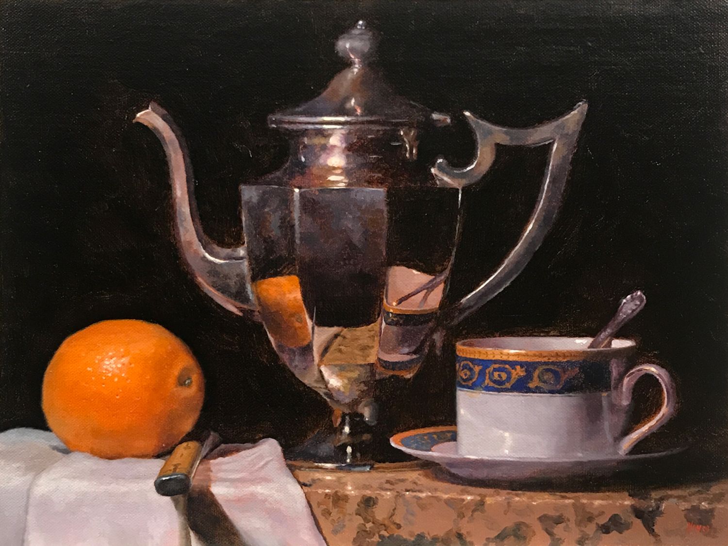 "Orange, Knife, Teapot, Teacup" oil on linen, 9x12 inches