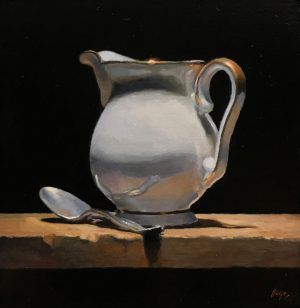 "Silver Spoon and Creamer", oil on panel, 5x5 inches