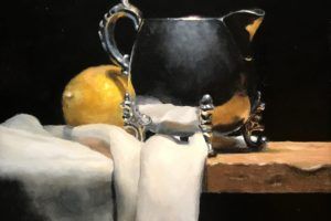 "Silver and Lemon on Cloth", oil on panel, 5x5 inches