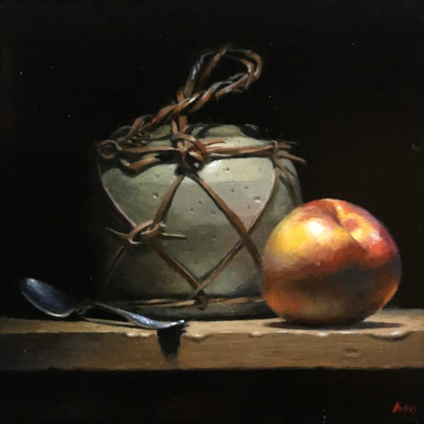 "Silver, Ginger Jar, Nectarine"<br>oil on panel, 5x5 inches