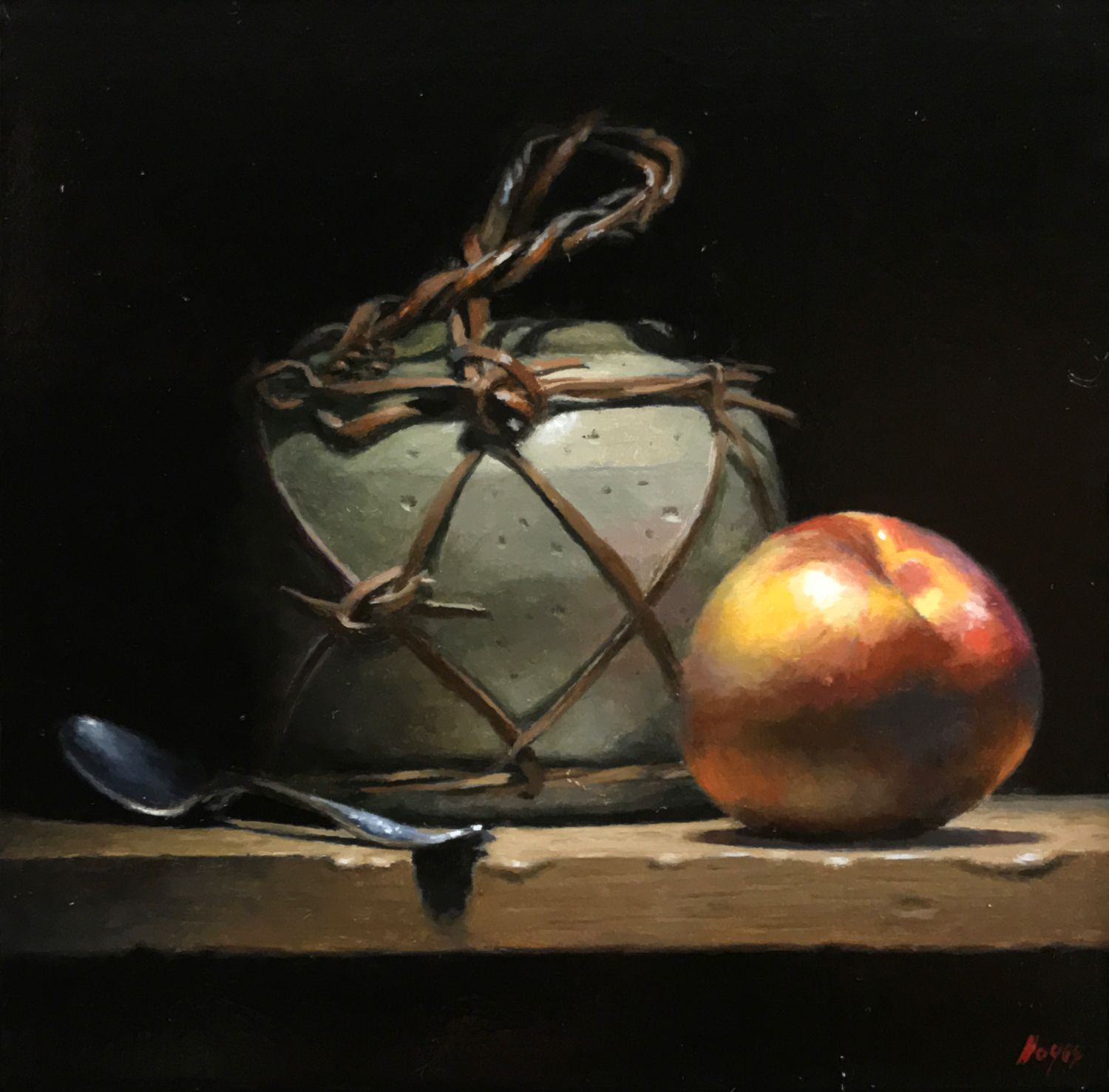"Silver, Ginger Jar, Nectarine", oil on panel, 5x5 inches
