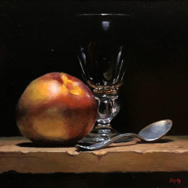"Nectarine, Glass, Silver"<br>oil on panel, 5x5 inches