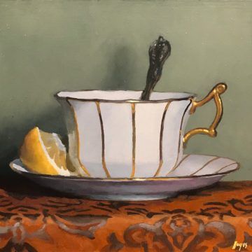 "Teacup and Lemon on Red Silk", oil on panel, 5x5 inches