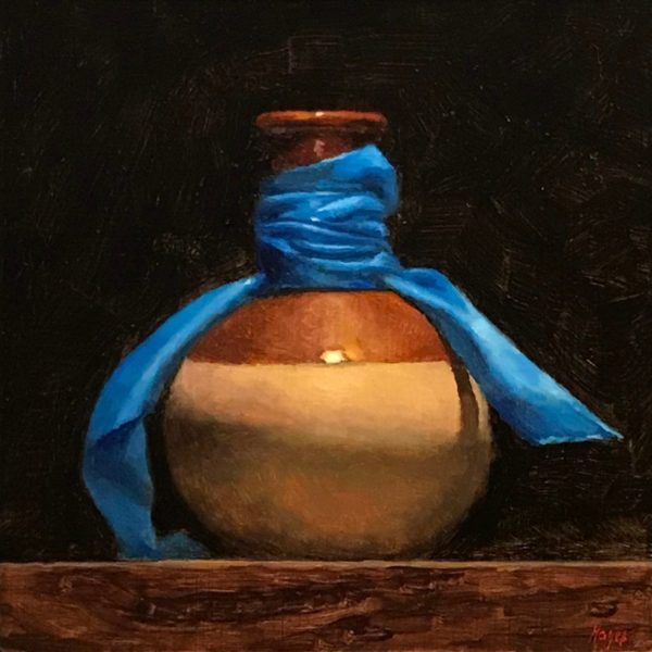 "Vase and Blue Ribbon"<br>oil on panel, 5x5 inches