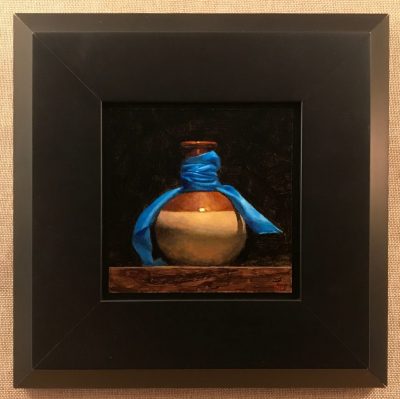 "Vase and Blue Ribbon", oil on panel, 5x5 inches