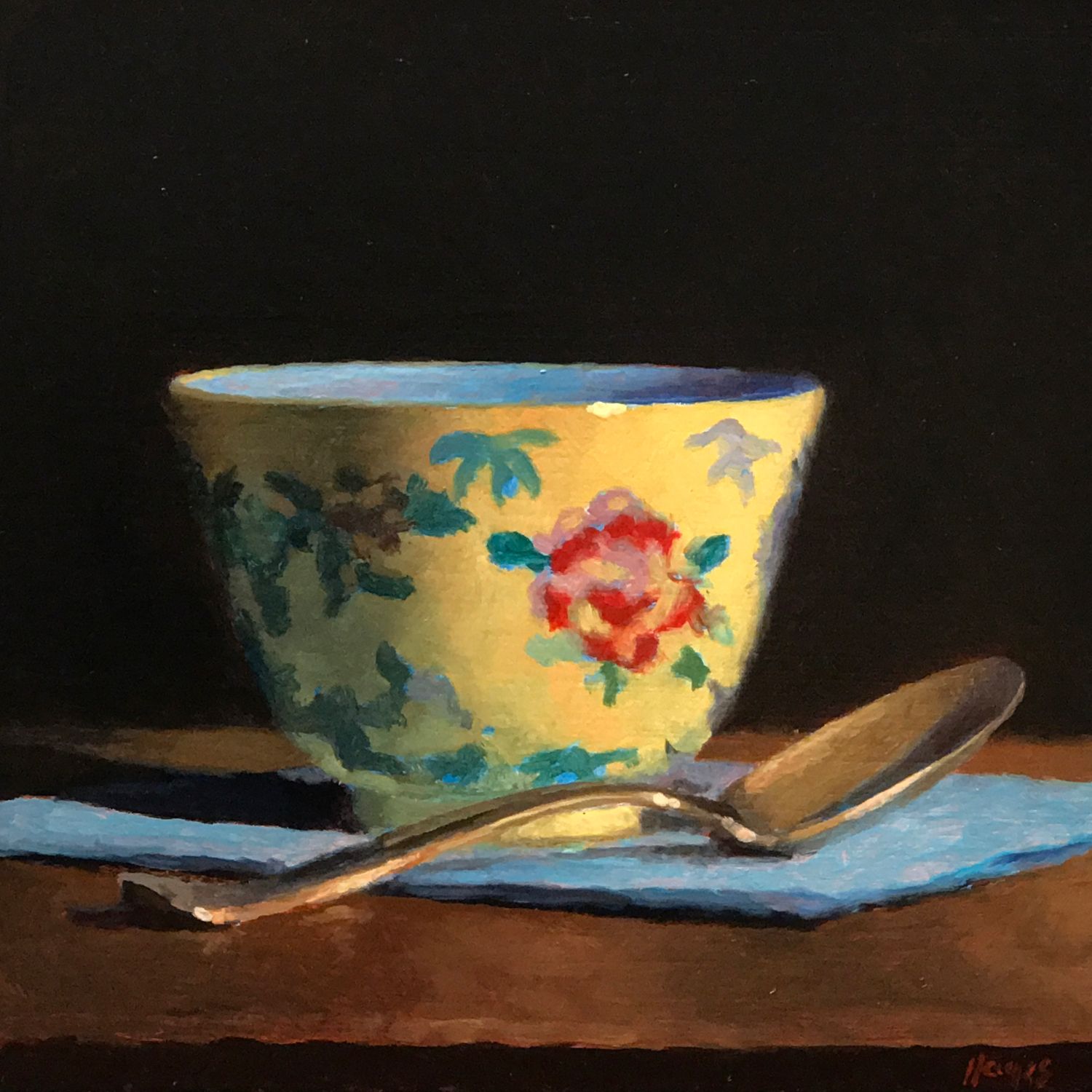 Silver Spoon, Chinese Teacup, Blue Napkin •