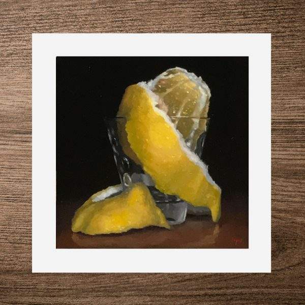 “Peeled Lemon in Shotglass” Print On Paper