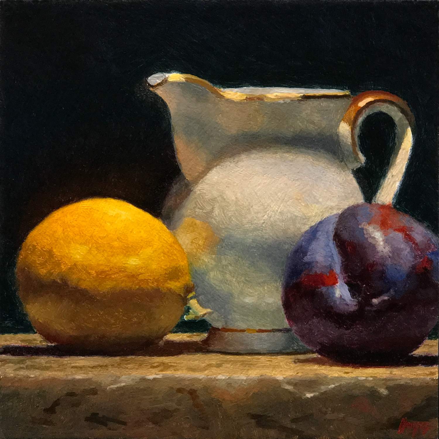 "Lemon, Creamer, Plum" Oil on panel, 5x5 inches, 2021 (Available)