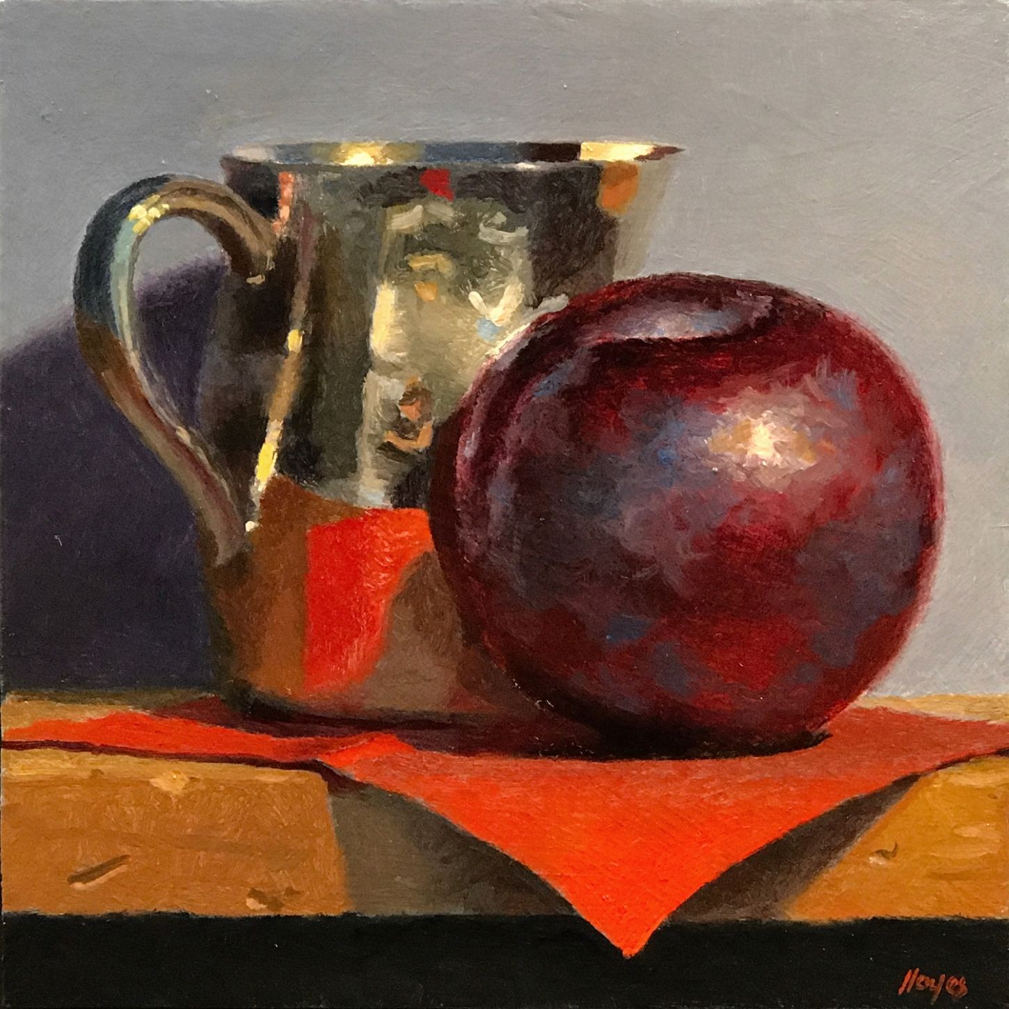 "Plum, Silver Creamer, Red Napkin"
Oil on panel, 5x5 inches, 2021 (Prints are available)