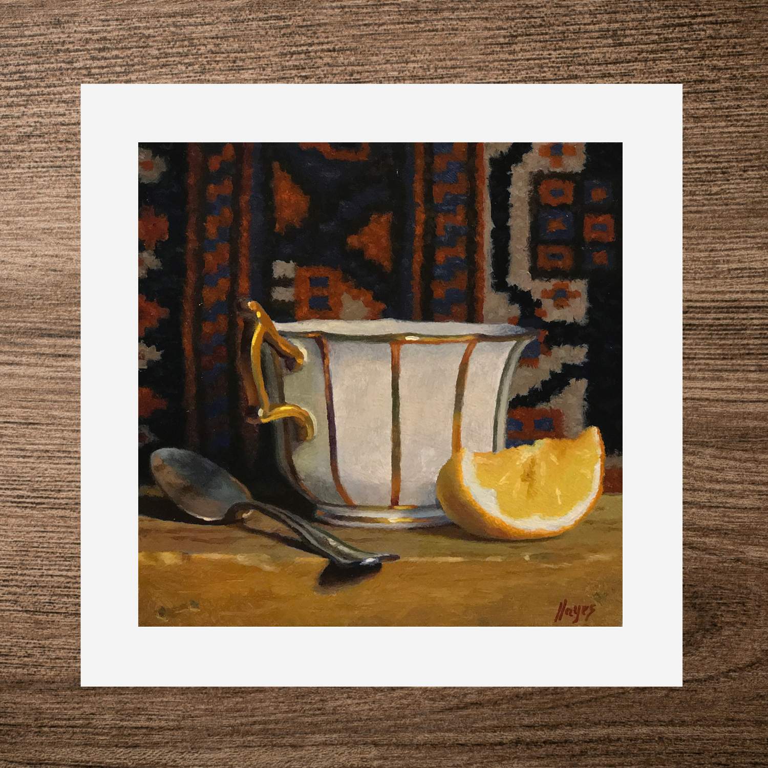 “Teacup with Oriental Rug XV”$45