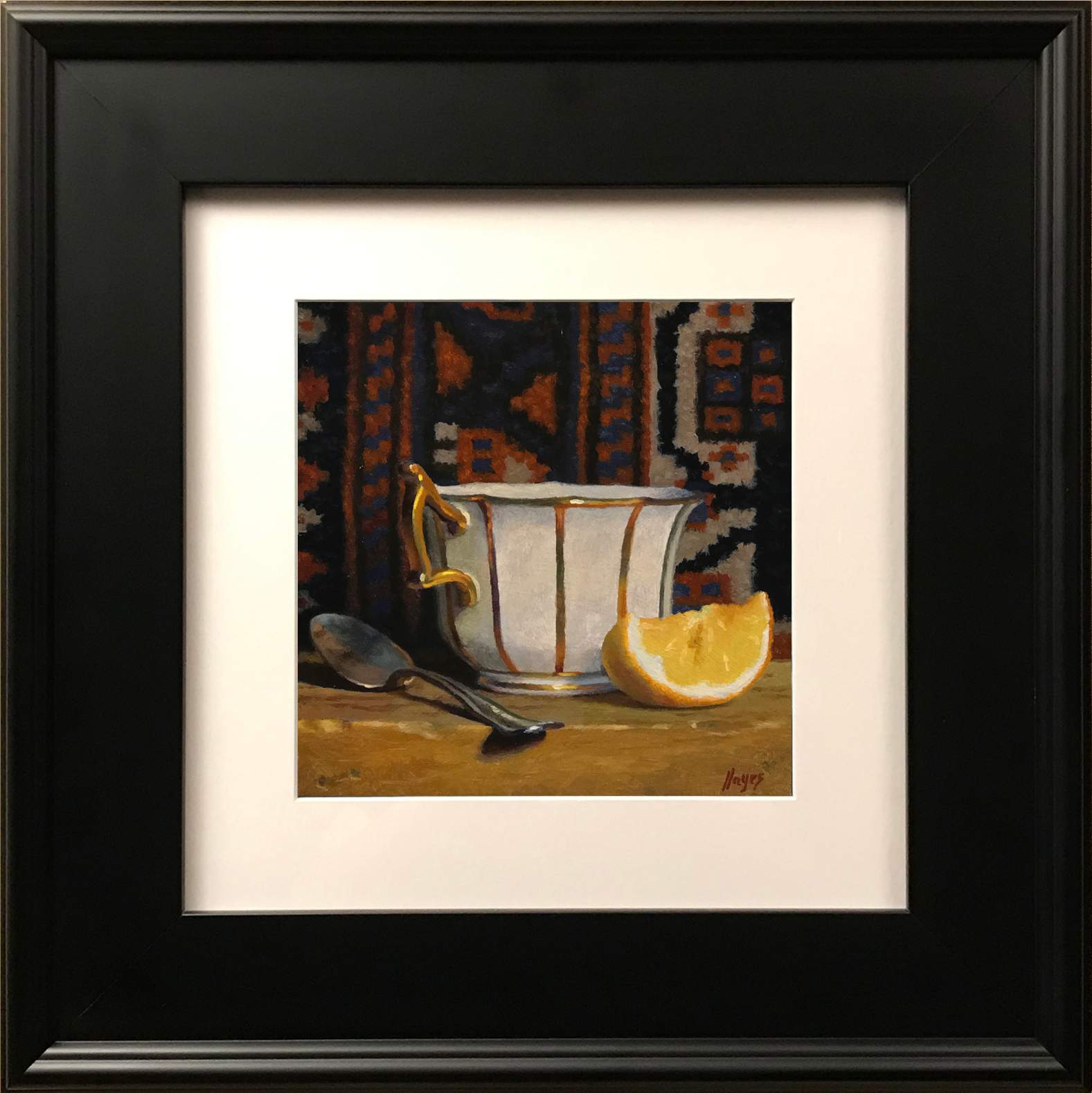 “Teacup with Oriental Rug XV”$275